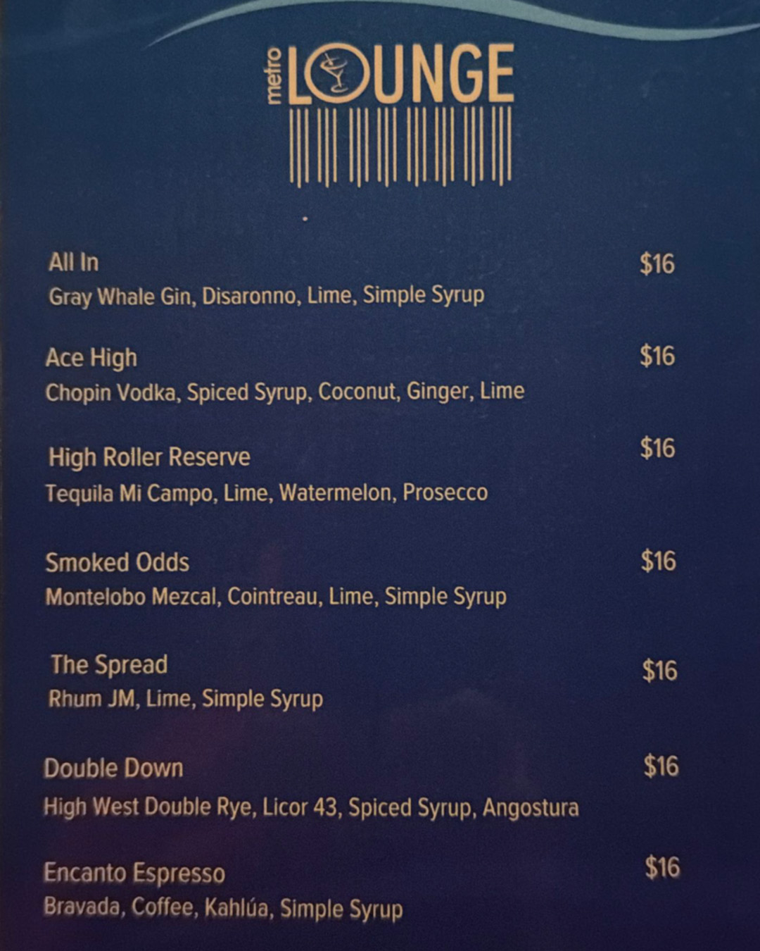 Casino Metro menu